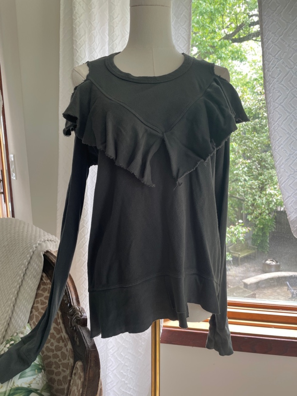 Wilt Made in the USA Olive Military Green Ruffle Cold Shoulder Top Blouse XS
